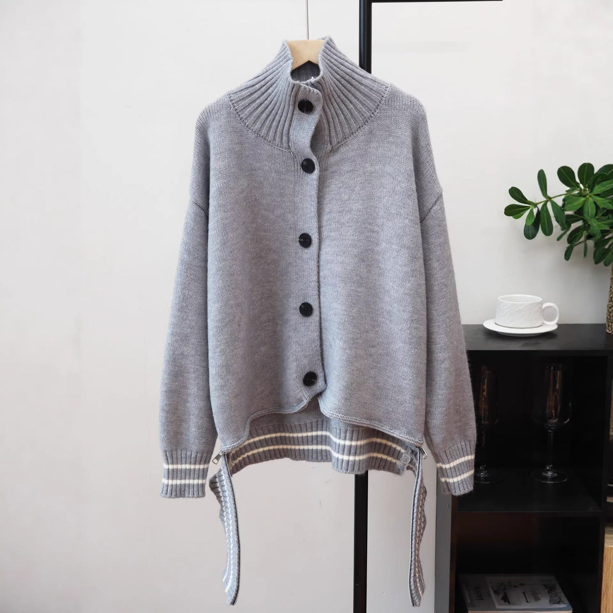 Stand up collar contrasting striped sweater
