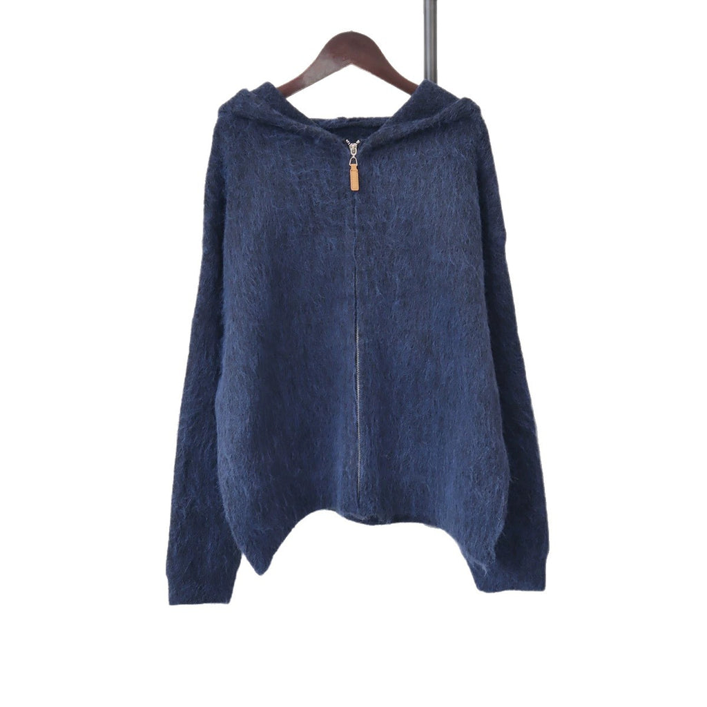 Zipper hooded loose solid color sweater