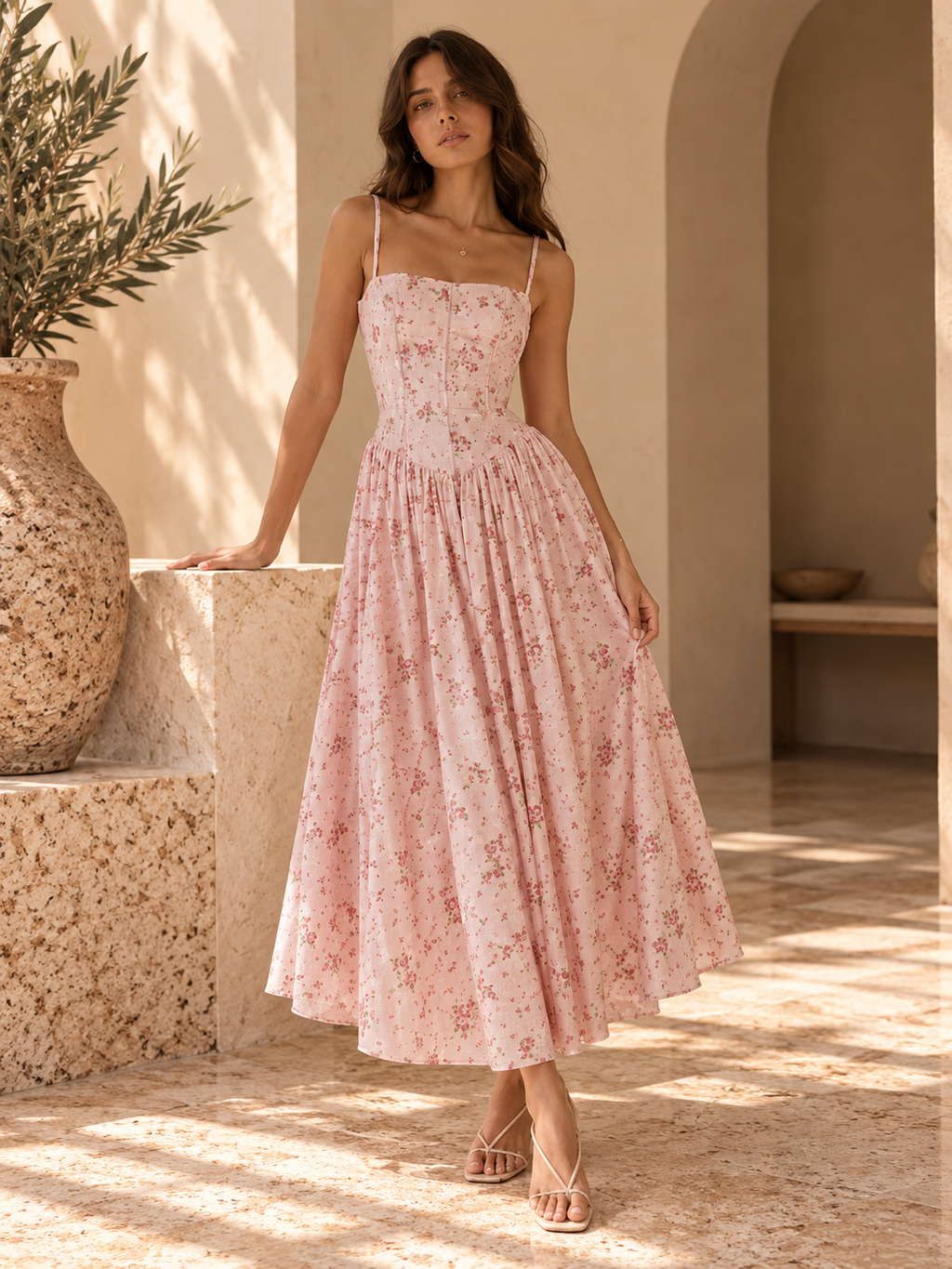 Women’s Floral Strappy Backless A-Line Maxi Dress