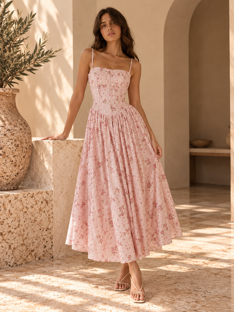 Women’s Floral Strappy Backless A-Line Maxi Dress