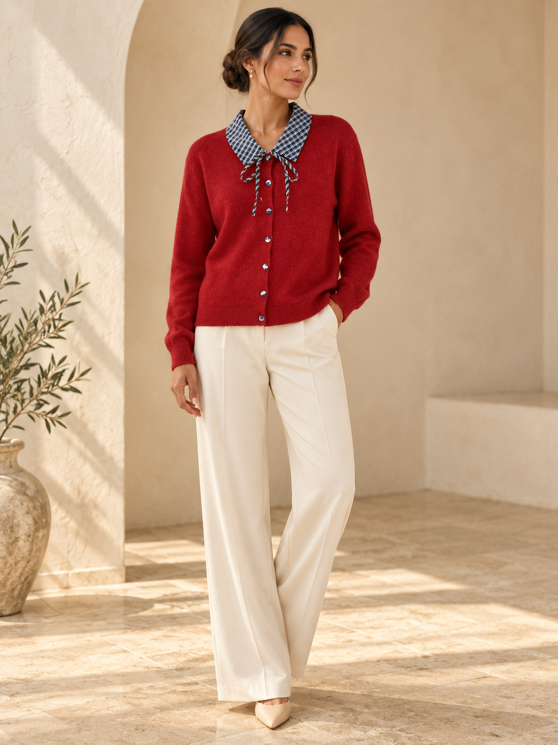 Women’s Checkered Color-Block Knit Cardigan