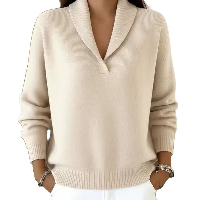 Loose V-neck solid color versatile long sleeved base knit sweater