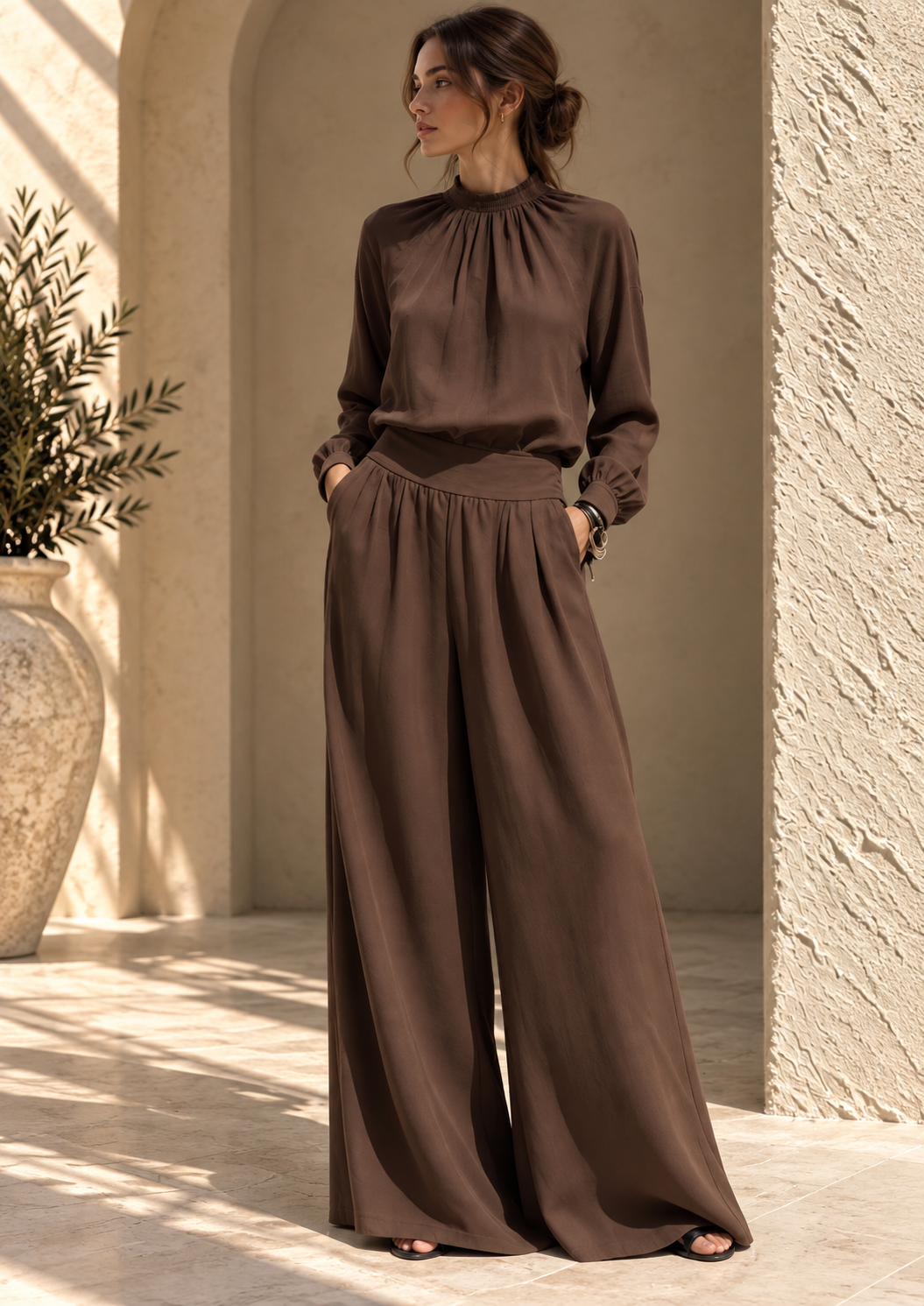 Women’s Stand Collar Top & Wide-Leg Pants Set
