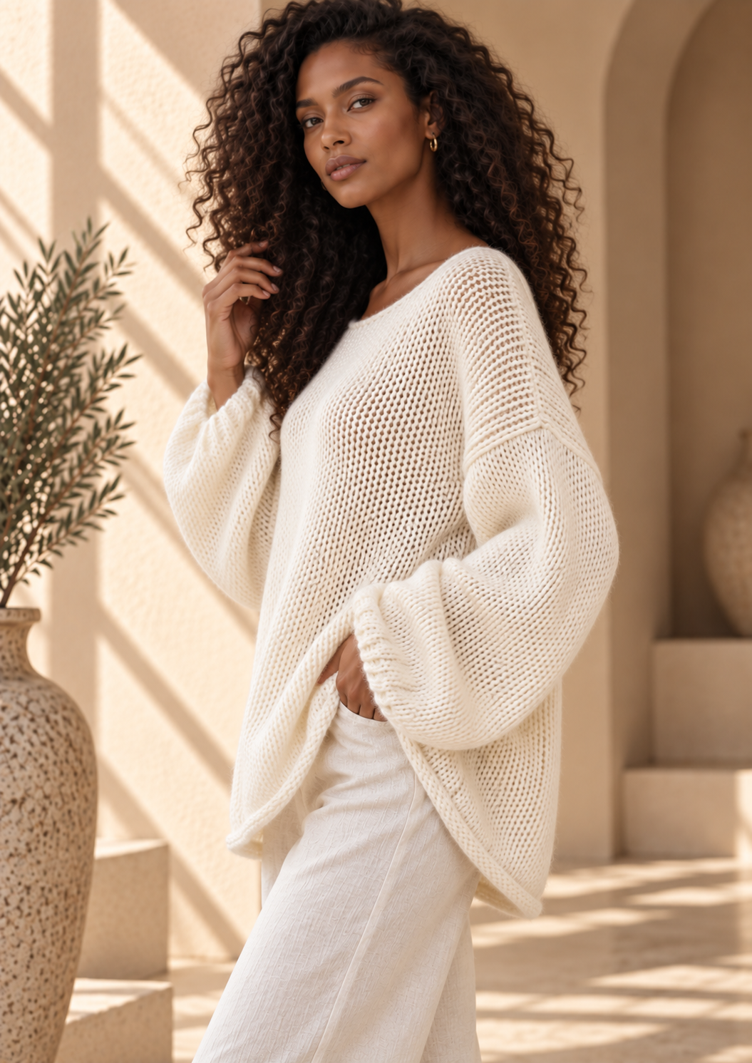 Women’s Hollow-Out Side-Slit Knit Sweater