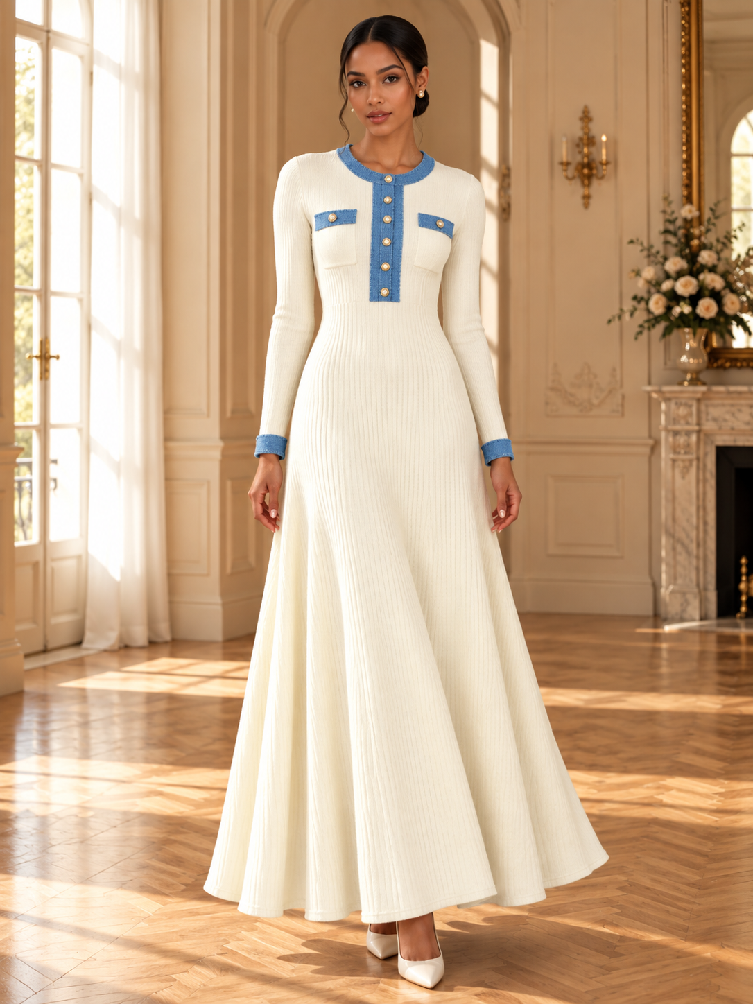 Women’s Long Sleeve V-Neck Knit Maxi Dress