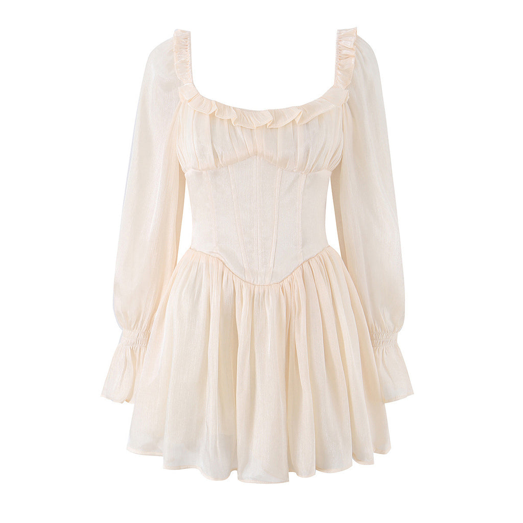 Tailored fishbone waist cinched bubble sleeve dress for women's wear