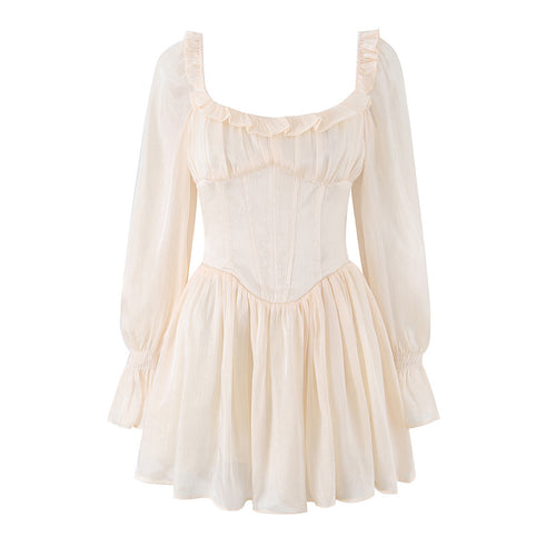 Tailored fishbone waist cinched bubble sleeve dress for women's wear