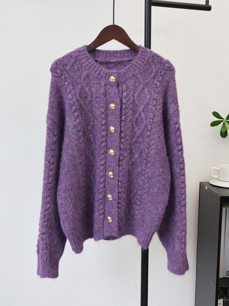 Round neck loose cardigan sweater for women