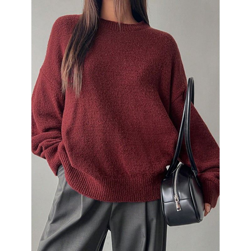 Round neck sweater women's autumn and winter versatile lazy style solid color top