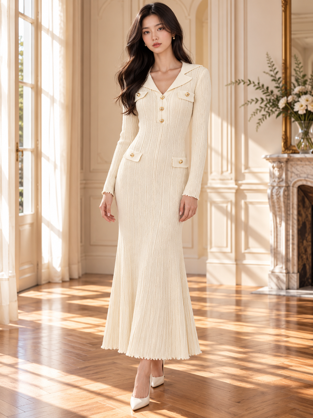 Women’s Gold Button Collared Knit Maxi Dress