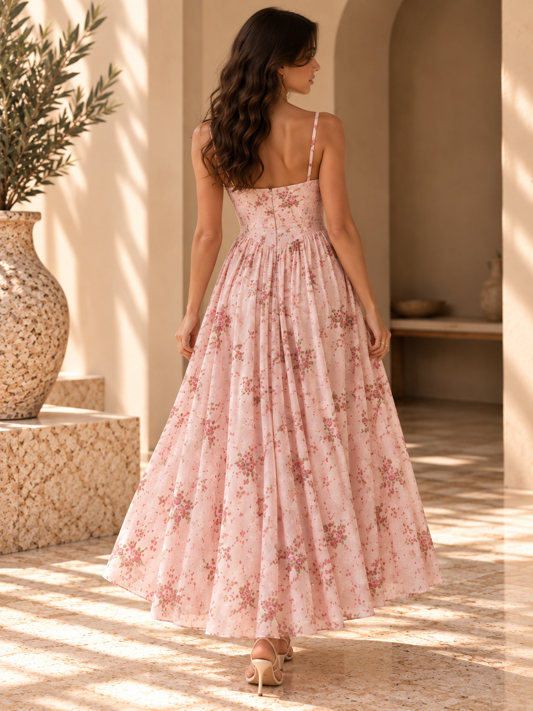 Women’s Floral Strappy Backless A-Line Maxi Dress