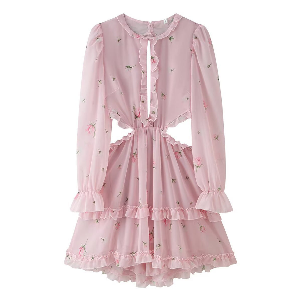 Lotus leaf edge patchwork printed hollow dress for women