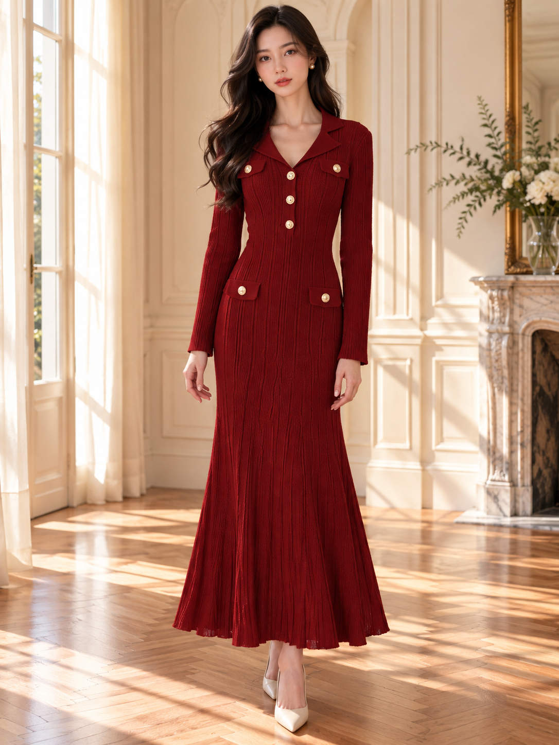 Women’s Gold Button Collared Knit Maxi Dress