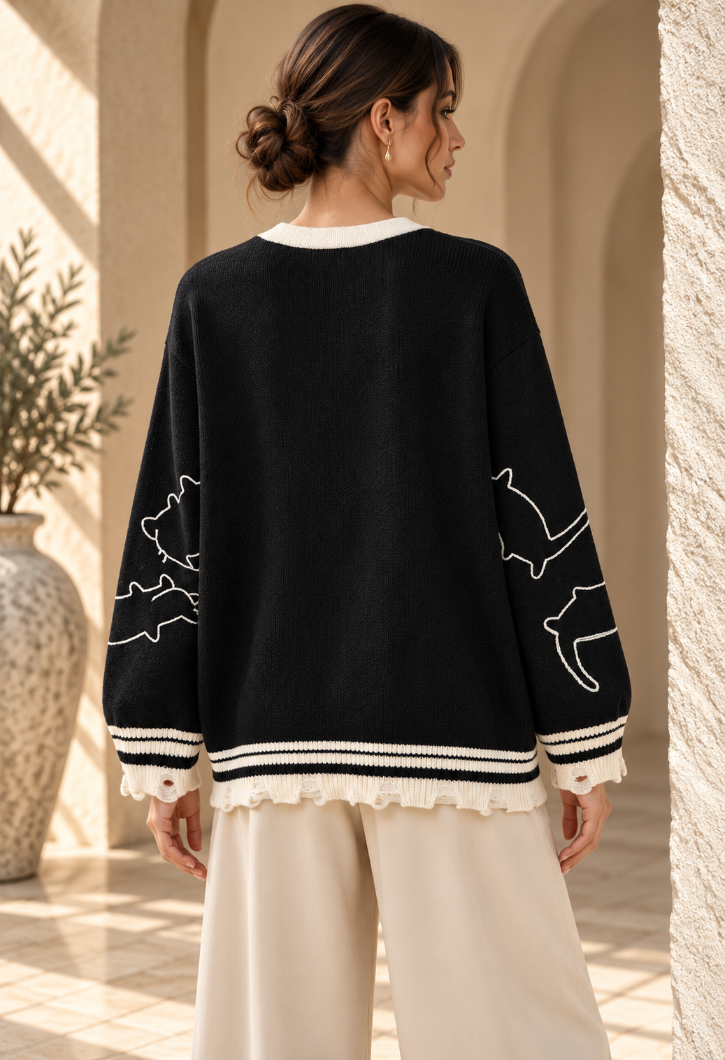 Women’s Cat Jacquard V-Neck Knit Cardigan