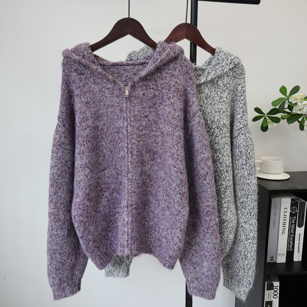 Zipper hooded cardigan sweater