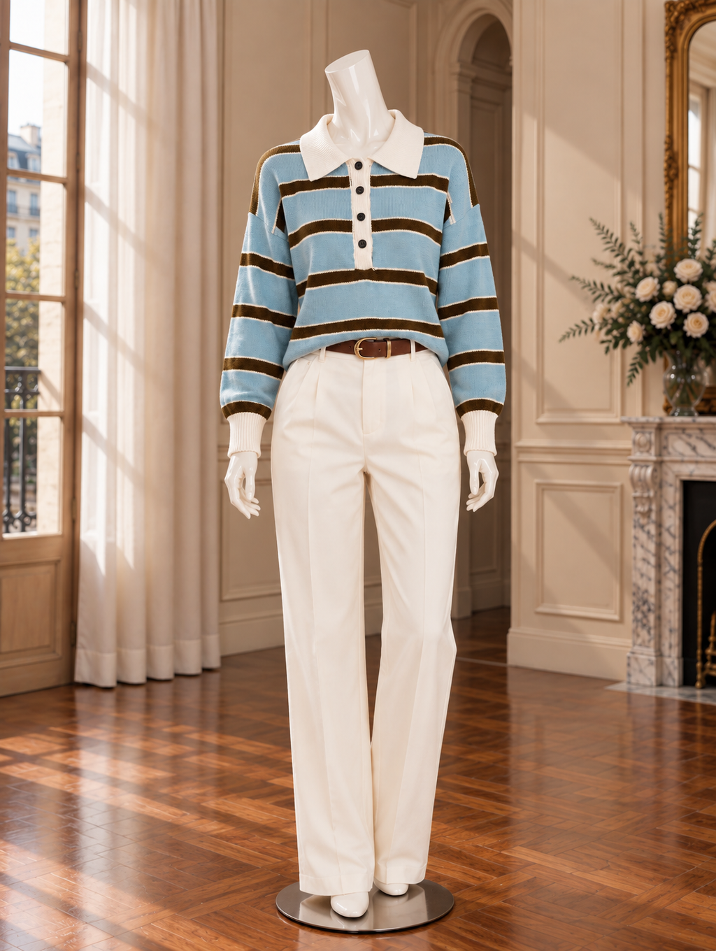 Women’s Striped Polo Collar Knit Sweater