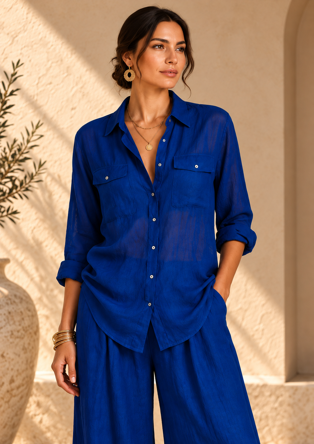 Women’s Linen Shirt & Wide-Leg Pants Set