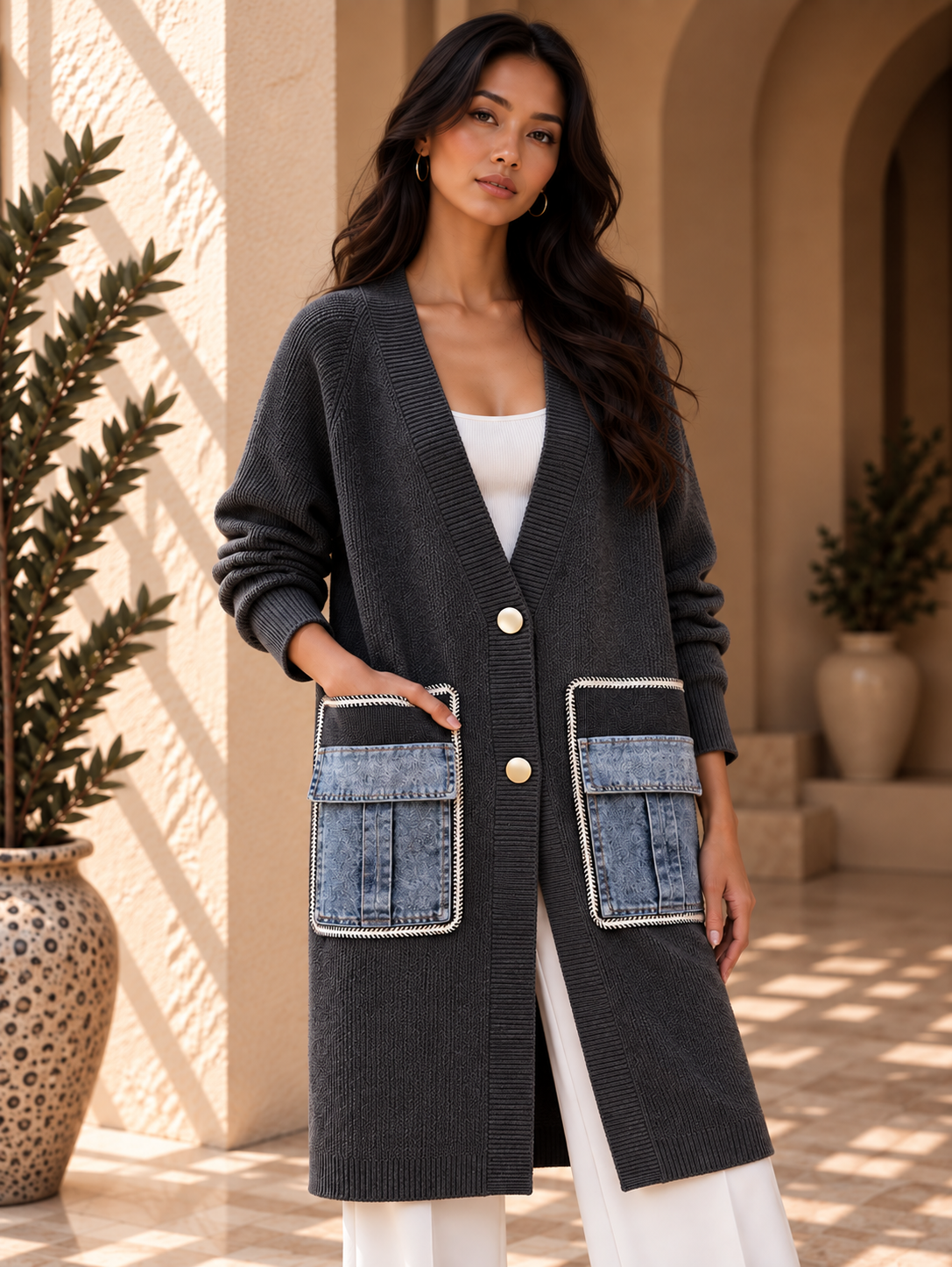 Women’s Denim Panel Pocket Knit Sweater