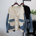 Splicing denim cardigan sweater