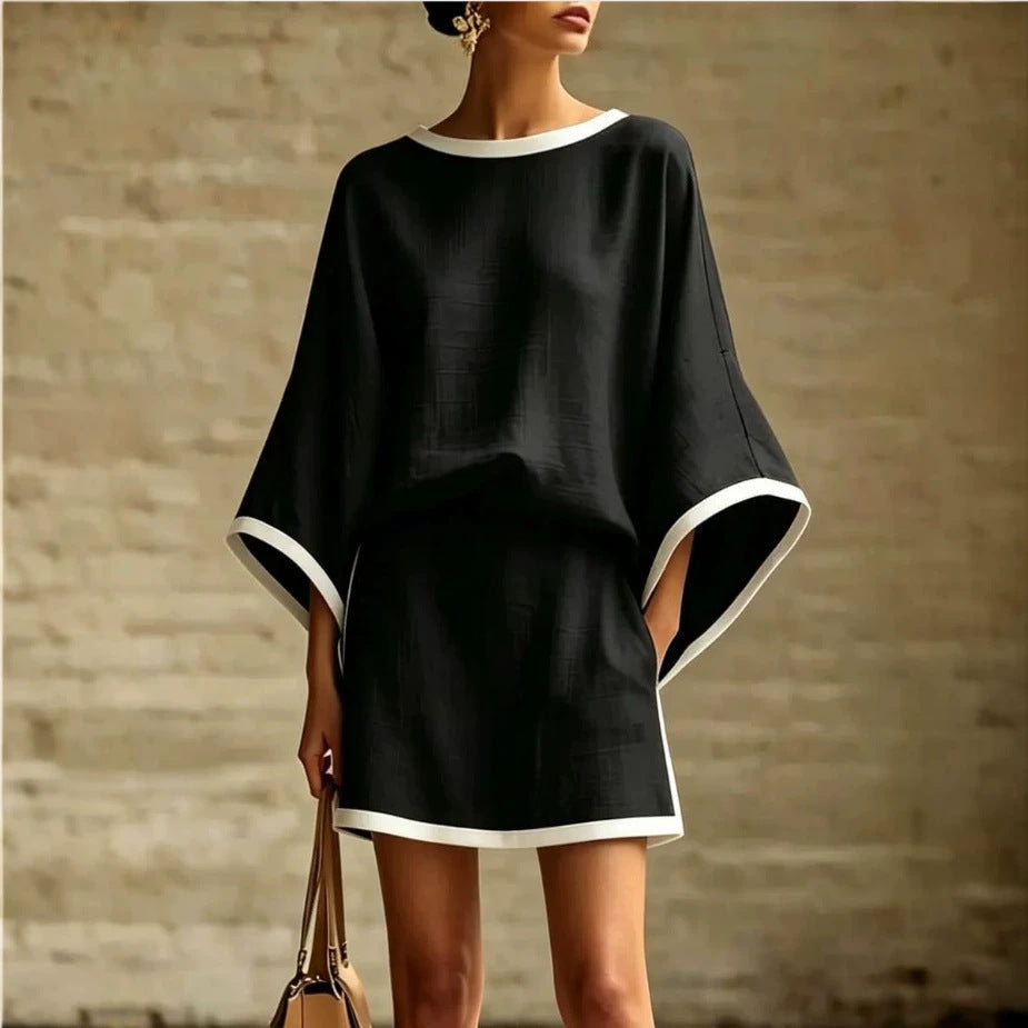 Cotton Linen Casual Batwing Sleeve Top and Skirt Two-Piece Set for Women