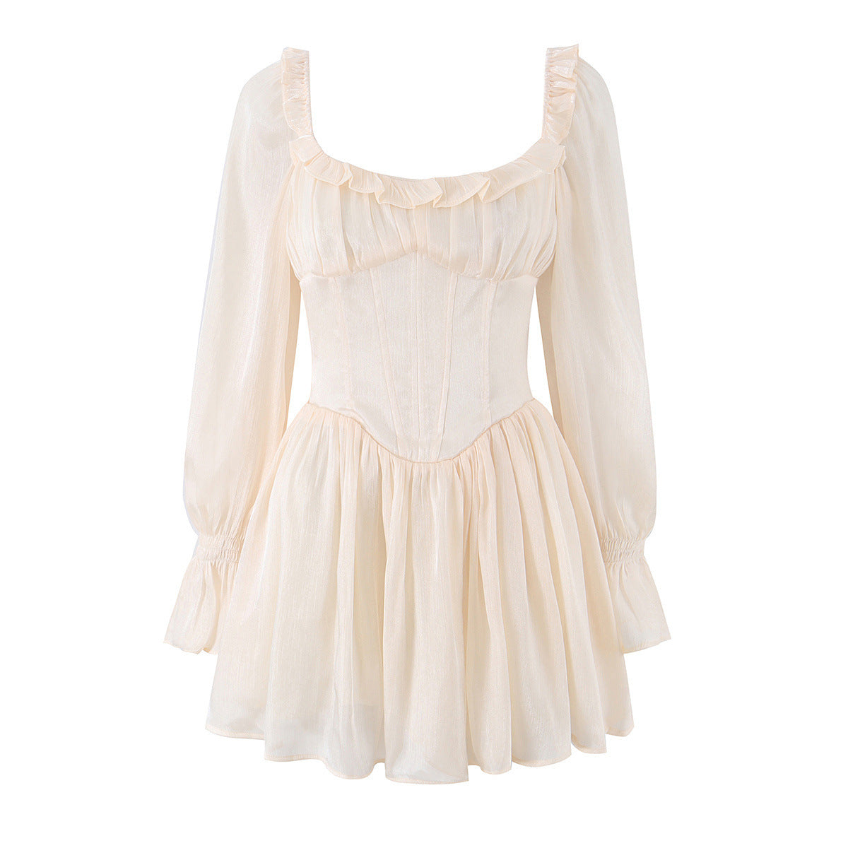 Tailored fishbone waist cinched bubble sleeve dress for women's wear