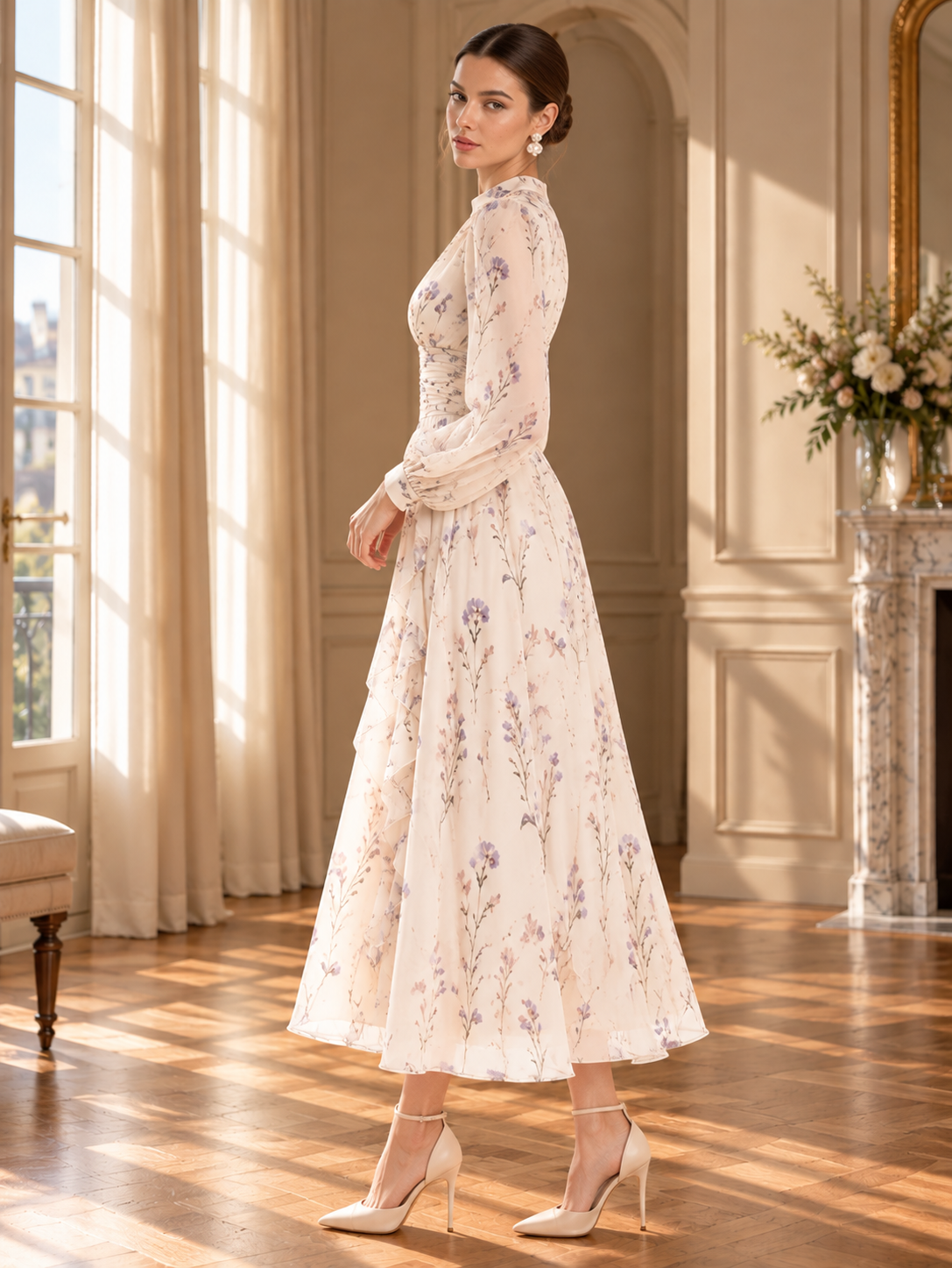 Women’s Ruffle Long Sleeve Chiffon Maxi Dress