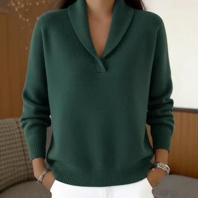 Loose V-neck solid color versatile long sleeved base knit sweater