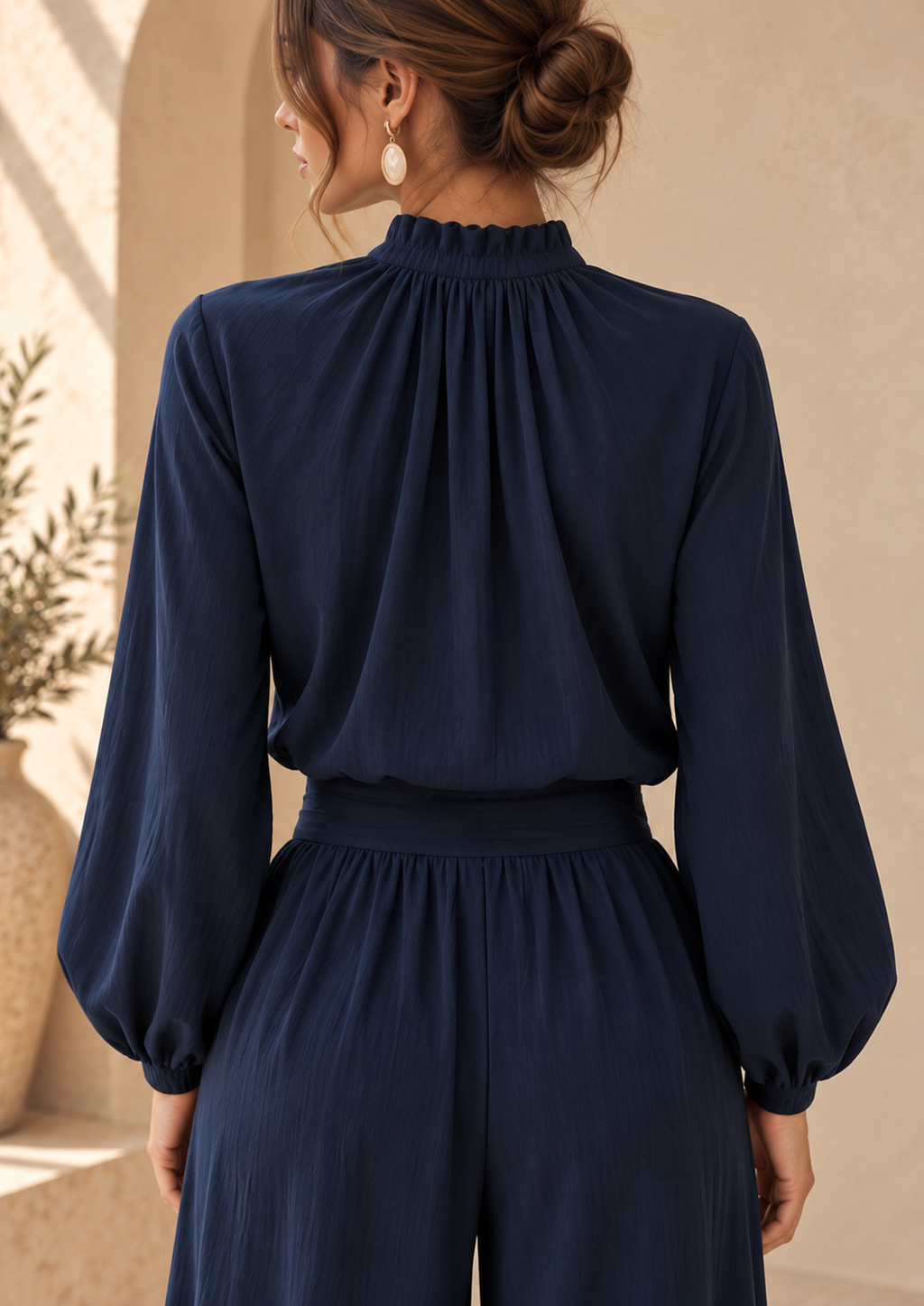Women’s Stand Collar Top & Wide-Leg Pants Set