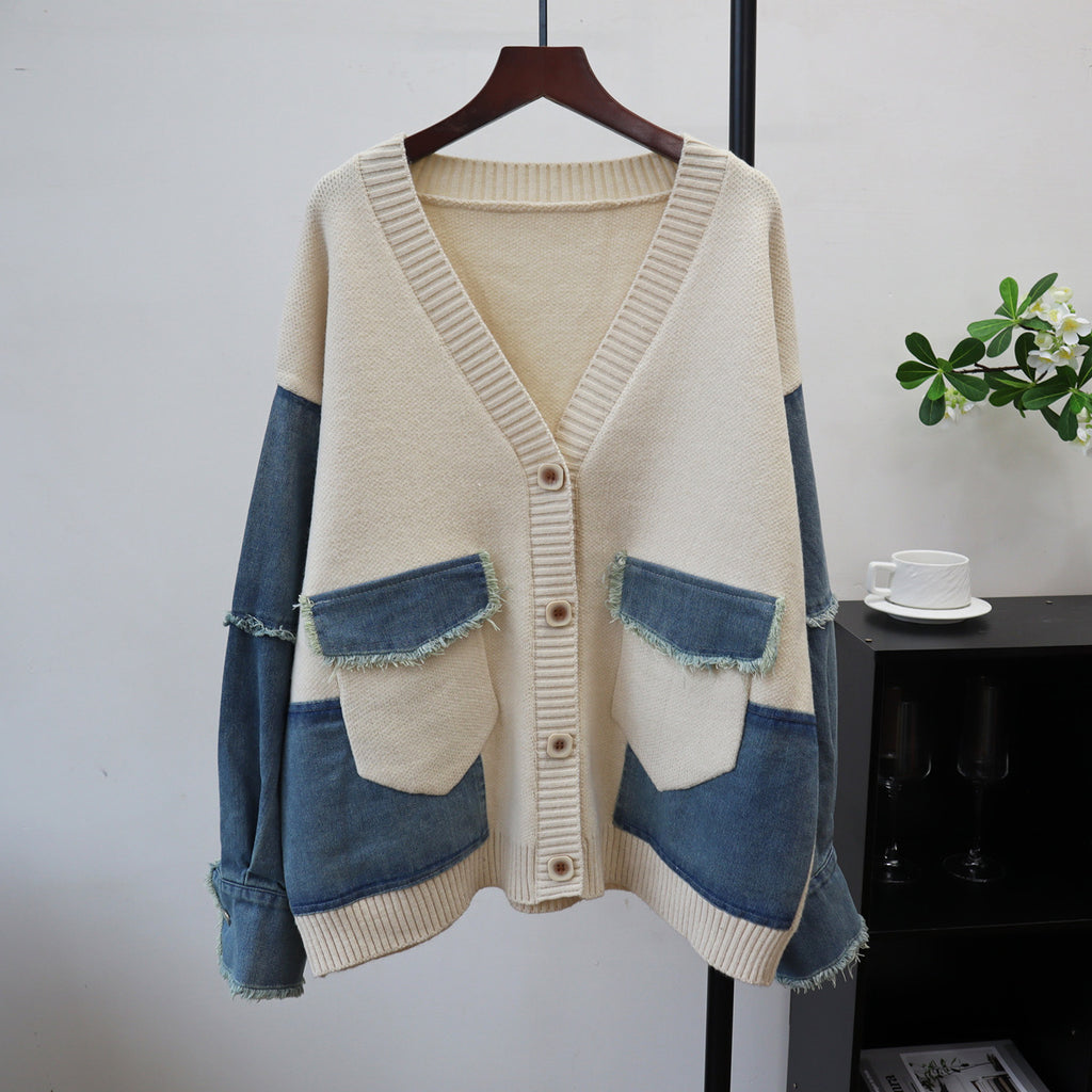 Splicing denim cardigan sweater