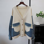 Splicing denim cardigan sweater