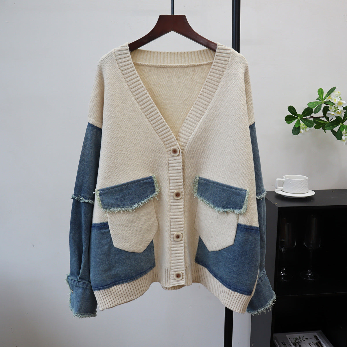 Splicing denim cardigan sweater