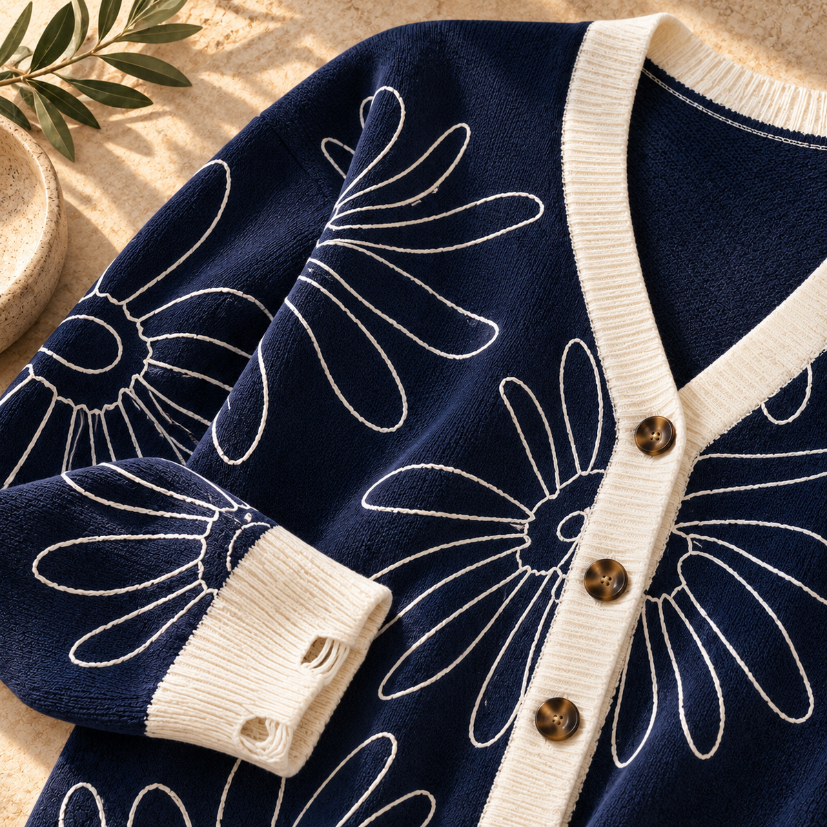 Women’s Jacquard V-Neck Contrast Knit Cardigan