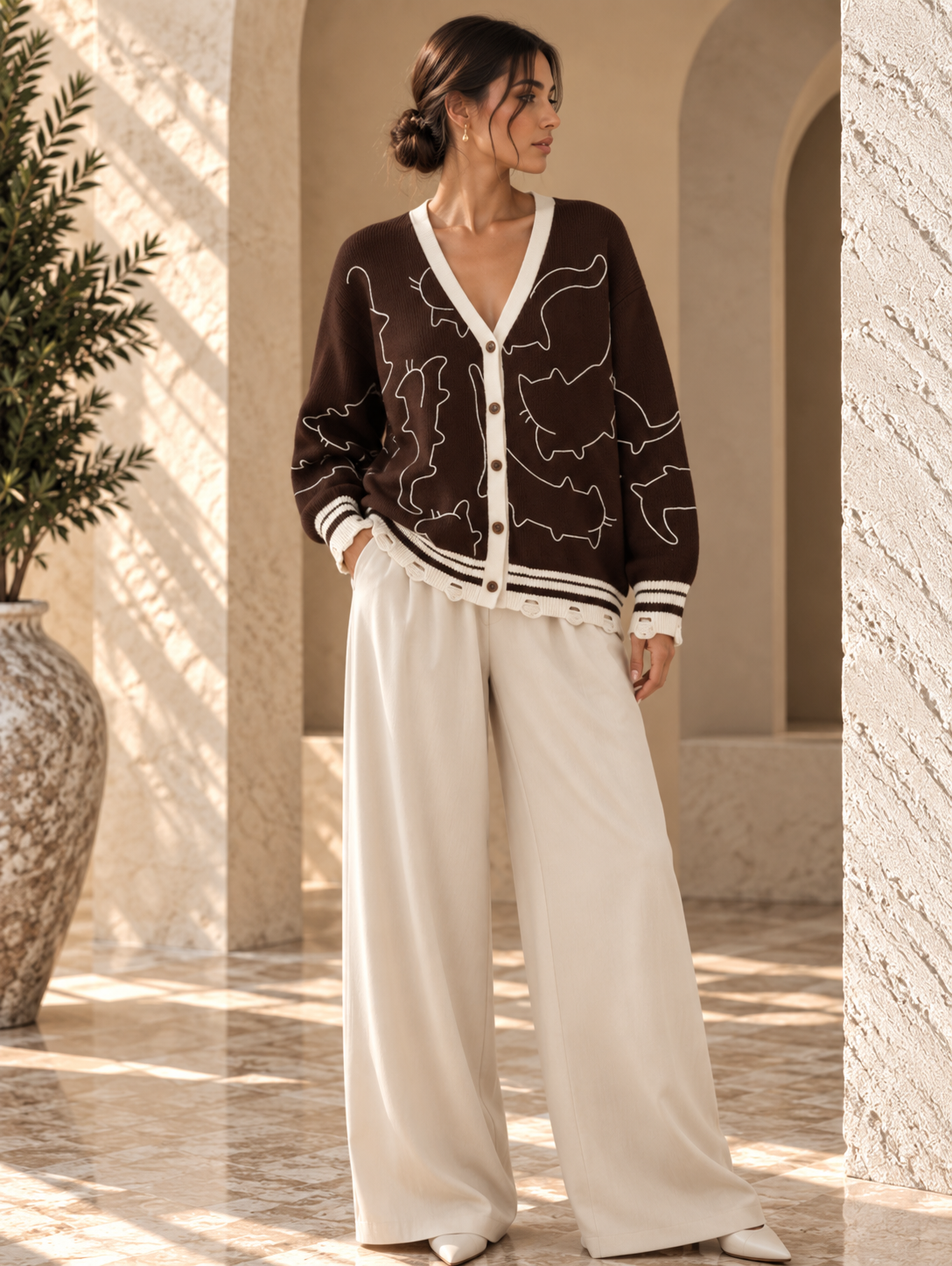 Women’s Cat Jacquard V-Neck Knit Cardigan