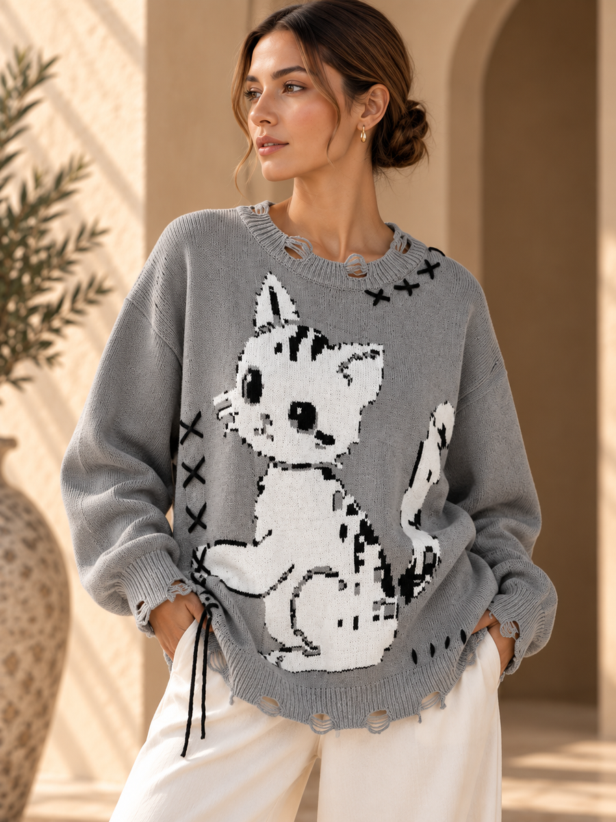 Women’s Cat Round Neck Knit Sweater