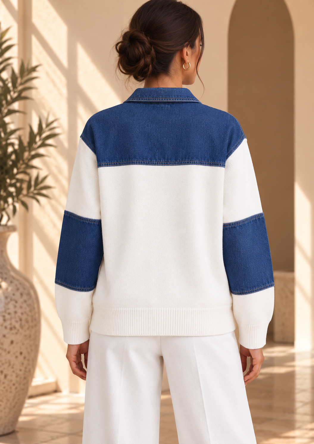 Women’s Denim Patchwork Relaxed Knit Sweater
