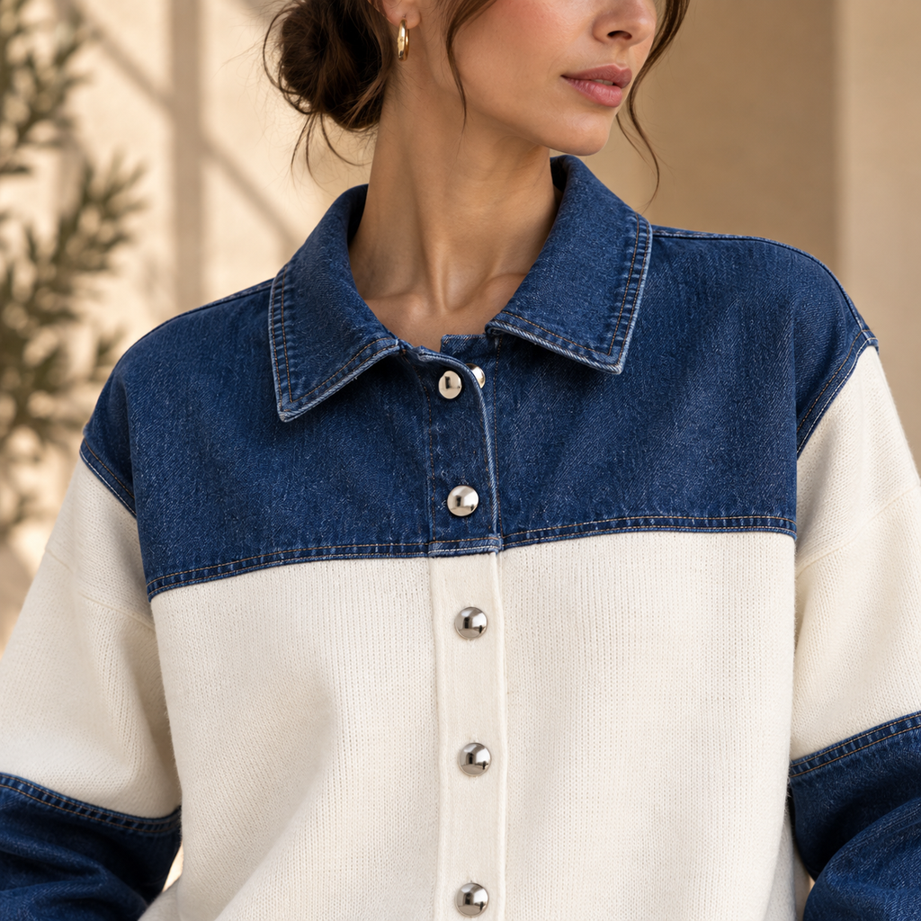 Women’s Denim Patchwork Relaxed Knit Sweater