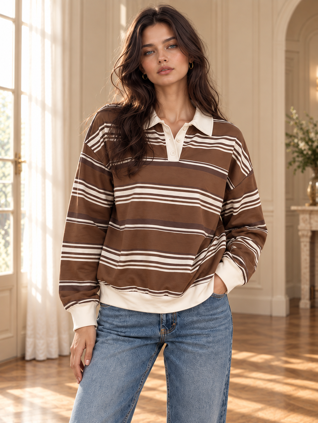 Women’s Striped Polo Neck Hoodie