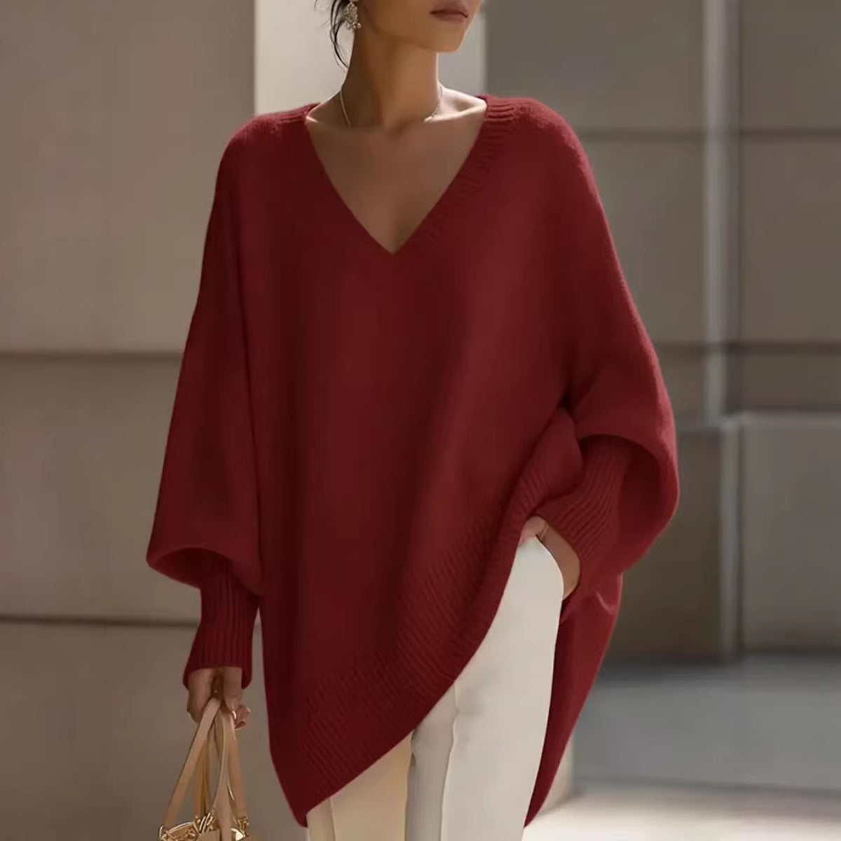 V-neck lazy style sweater women's loose knit sweater top