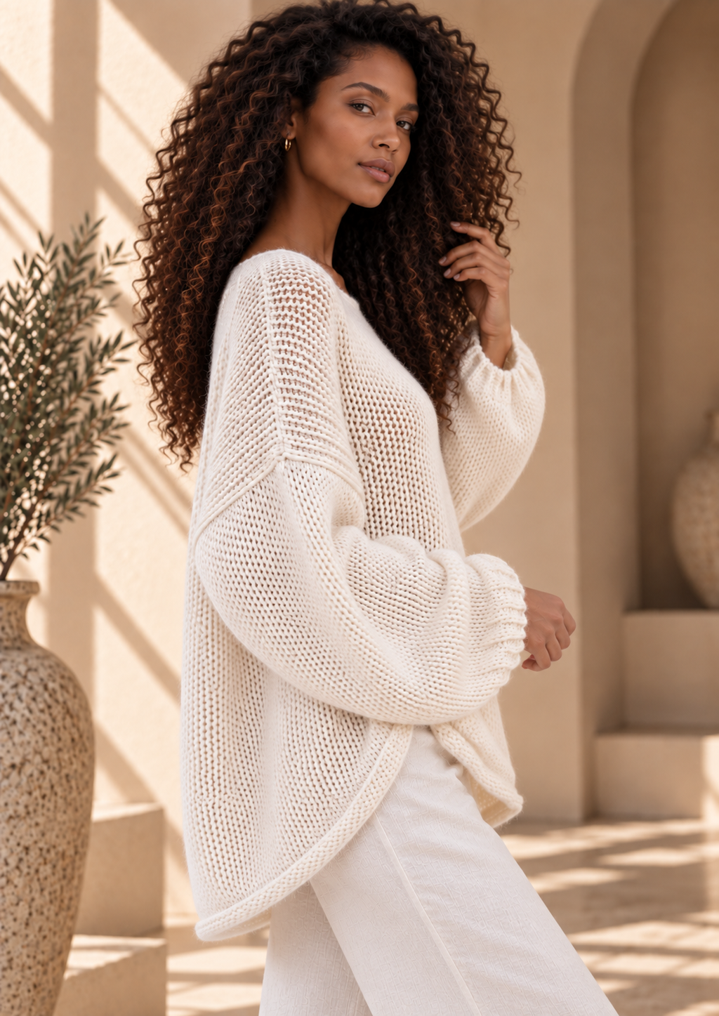 Women’s Hollow-Out Side-Slit Knit Sweater