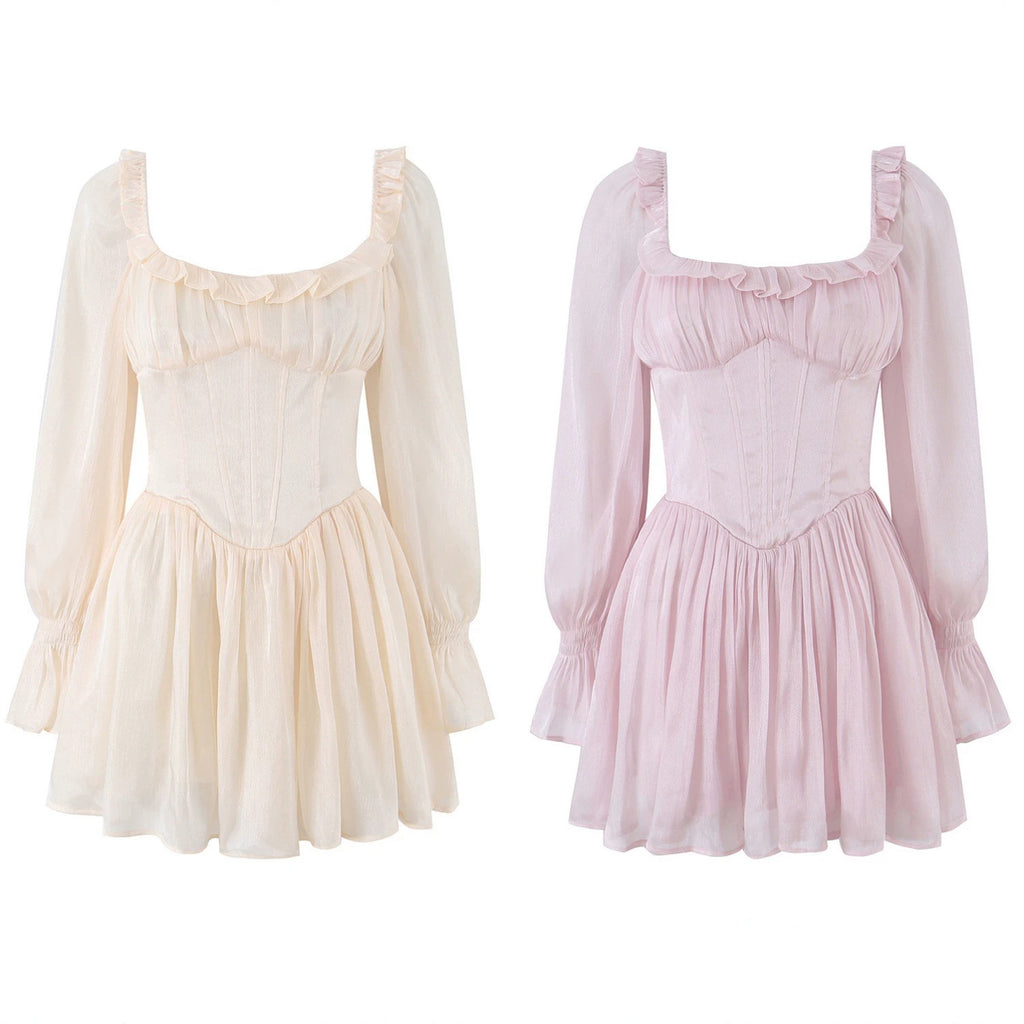 Tailored fishbone waist cinched bubble sleeve dress for women's wear