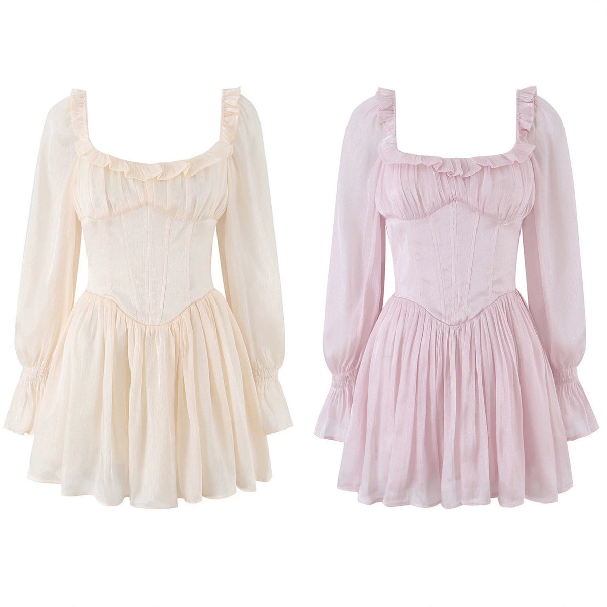 Tailored fishbone waist cinched bubble sleeve dress for women's wear