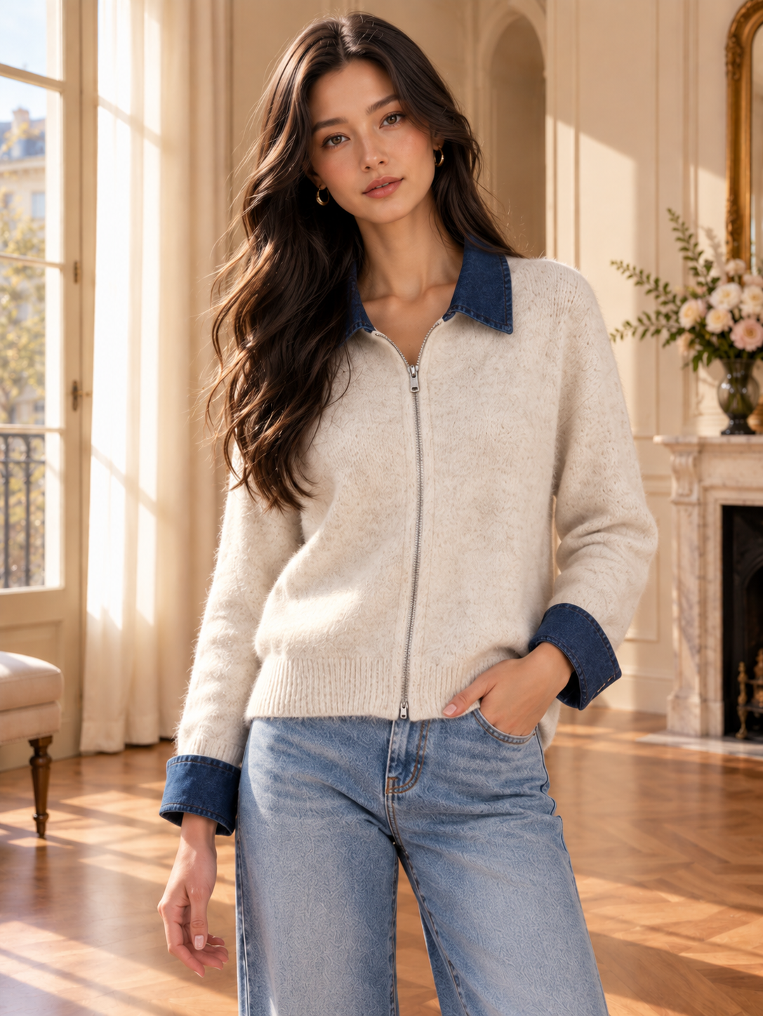 Women’s Zip Denim Panel Knit Sweater
