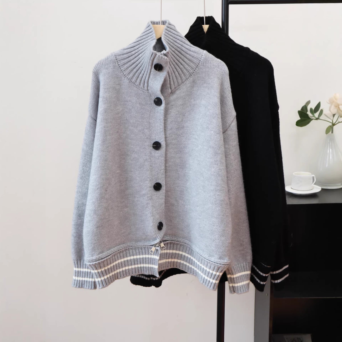 Stand up collar contrasting striped sweater