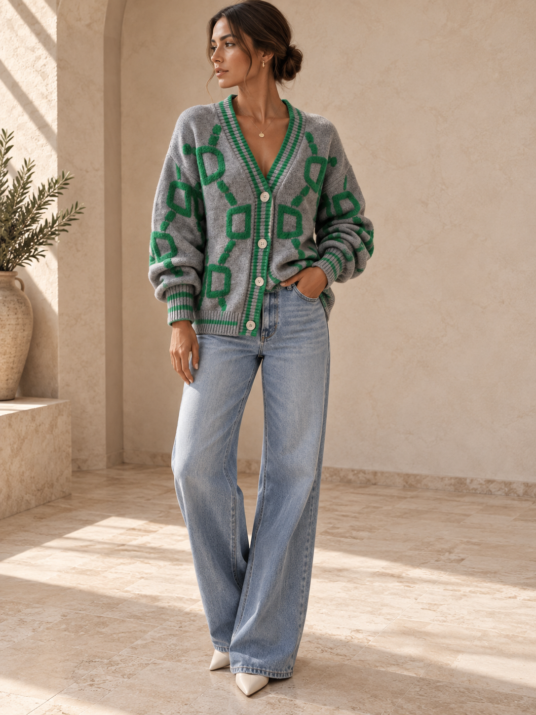 Women’s Color-Block V-Neck Knit Cardigan