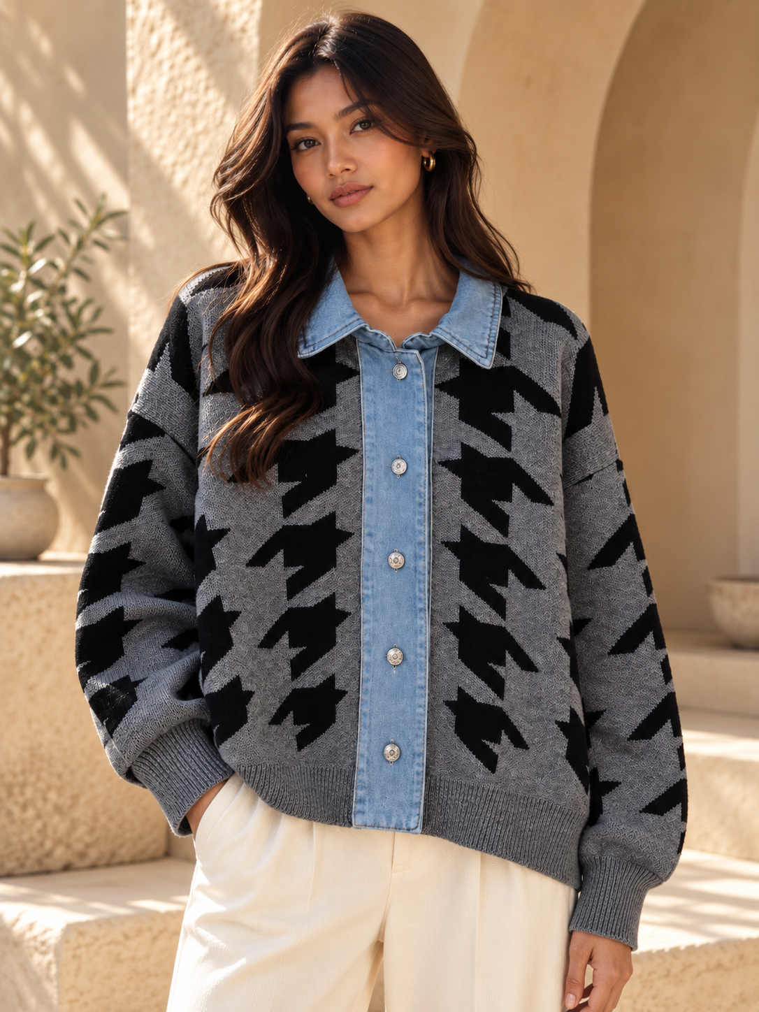 Women’s Denim Patchwork Relaxed Knit Sweater