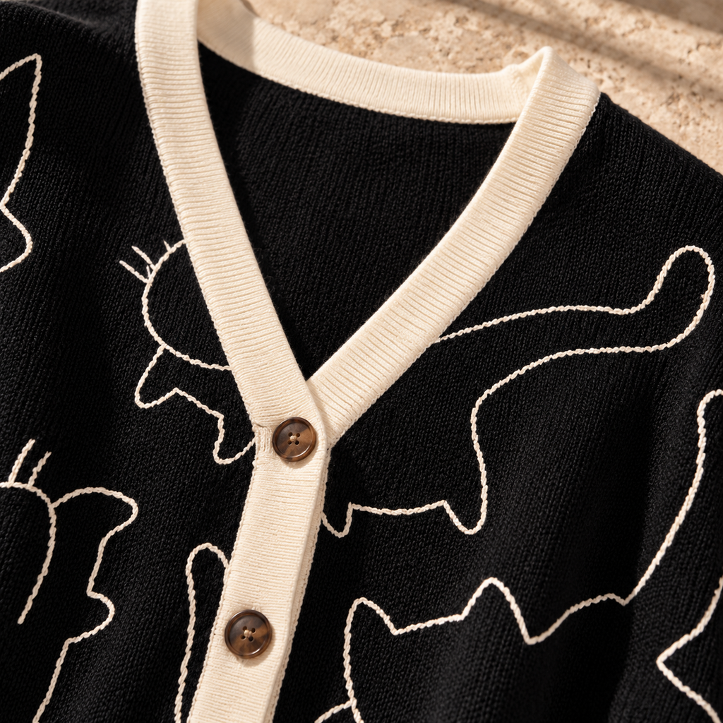 Women’s Cat Jacquard V-Neck Knit Cardigan
