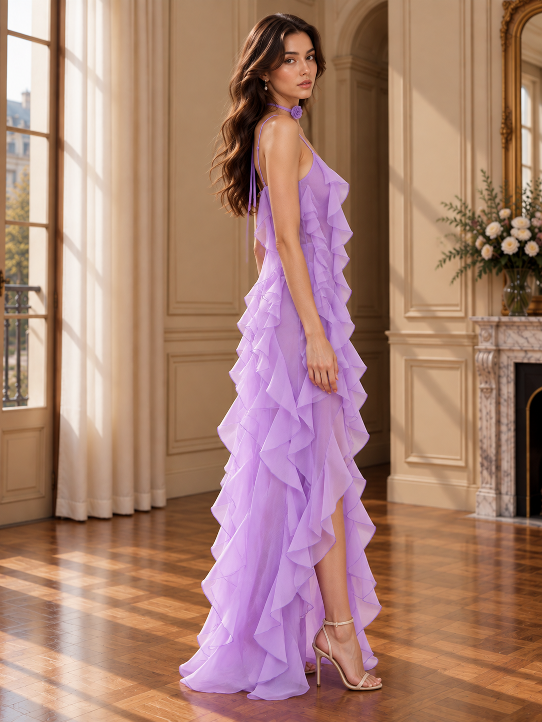 Women’s Ruffle Lace-Up Mesh Maxi Dress