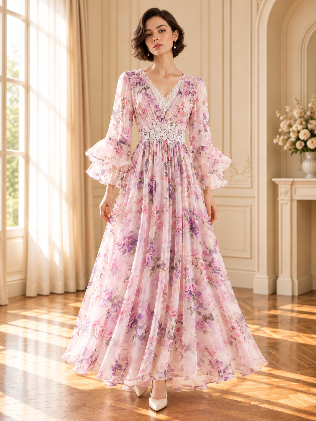 Women’s Floral Ruffle Sleeve Silk Dress