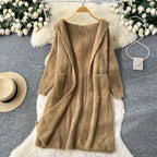 Women’s Oversized Hooded Knit Cardigan Coat – Mid-Length Loose Sweater Jacket