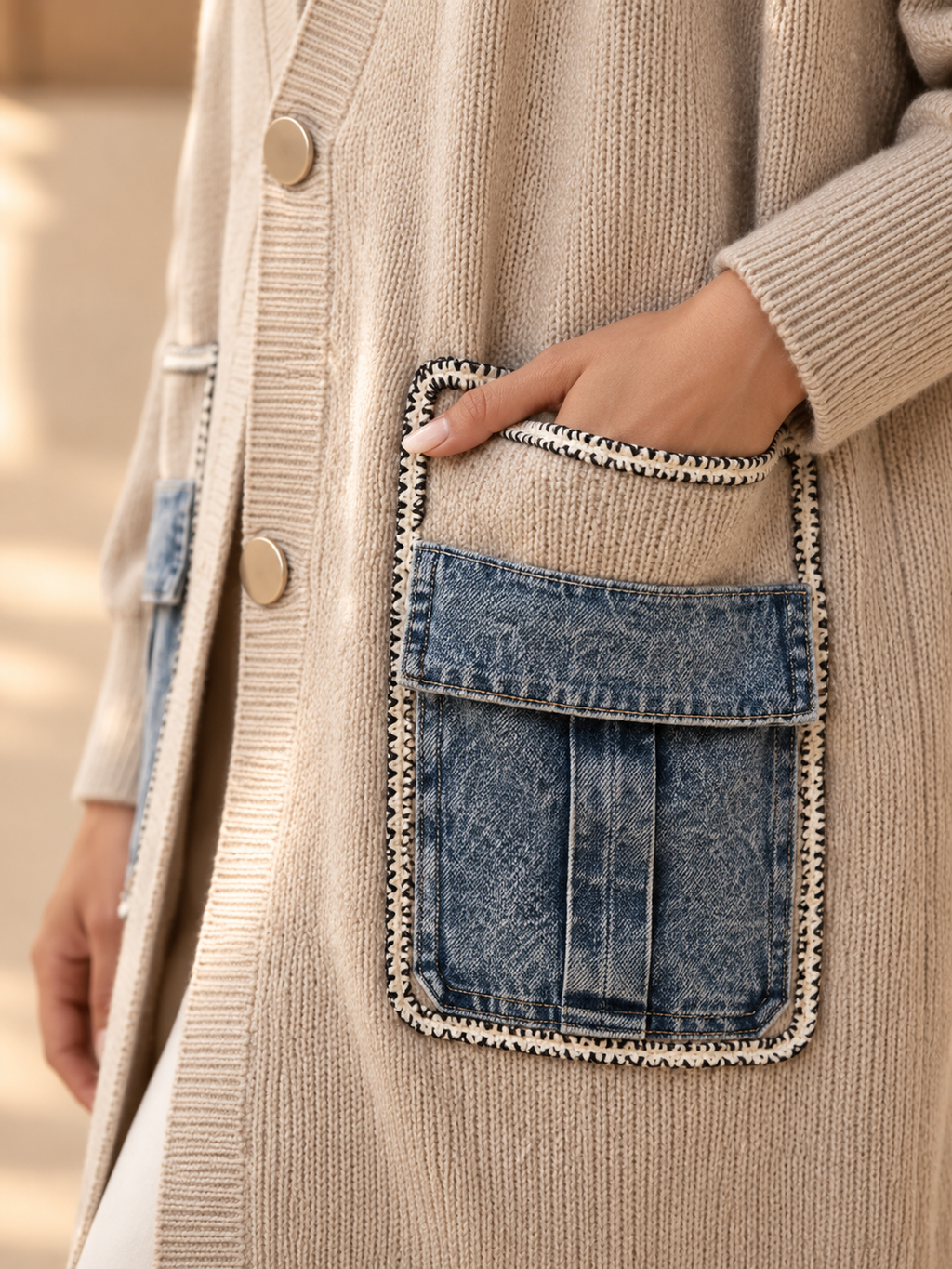 Women’s Denim Panel Pocket Knit Sweater